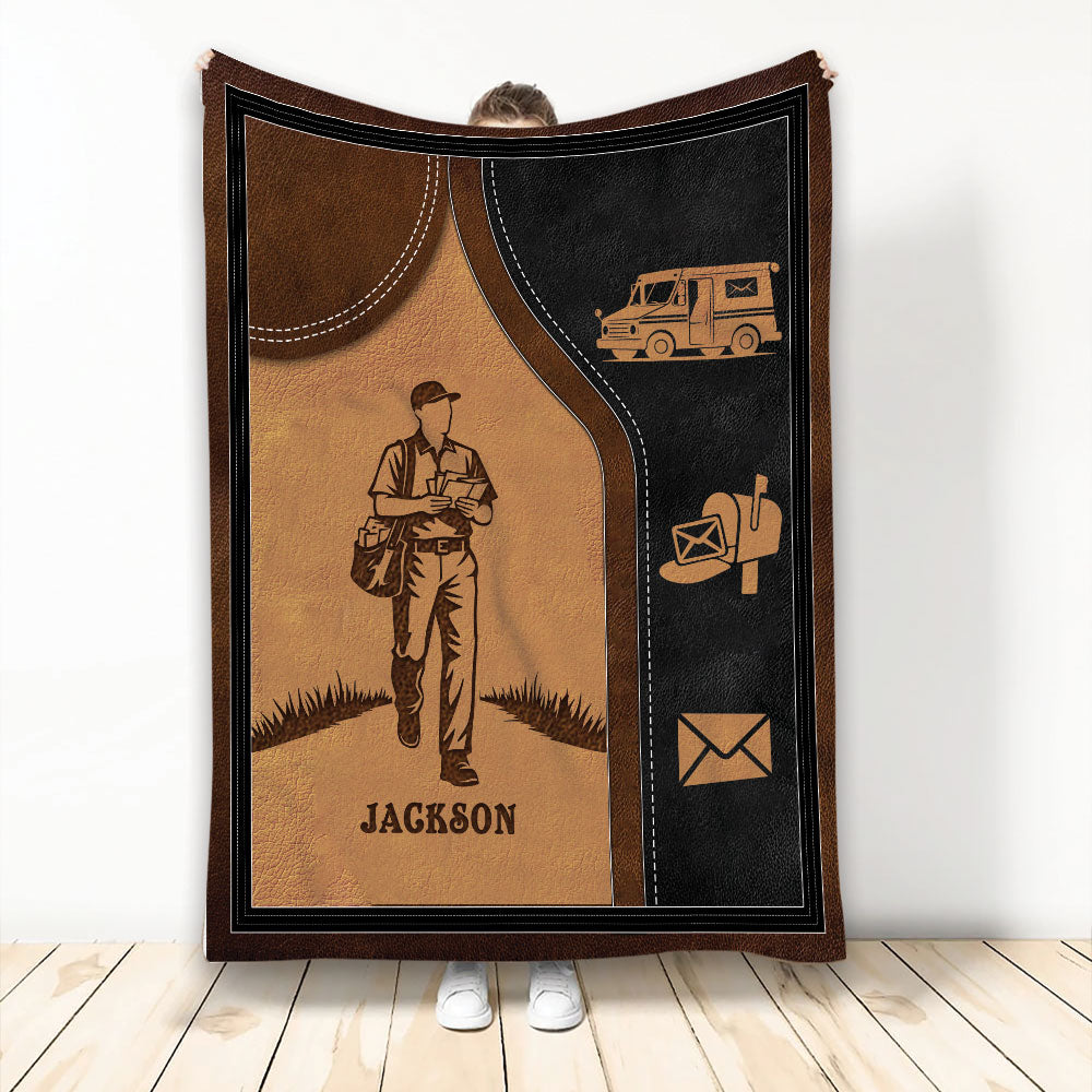 Postal worker throw blanket with mail carrier artwork, delivery truck, mailbox, and envelope details