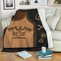 Custom mechanic blanket displayed on a sofa with piston and wrench automotive artwork