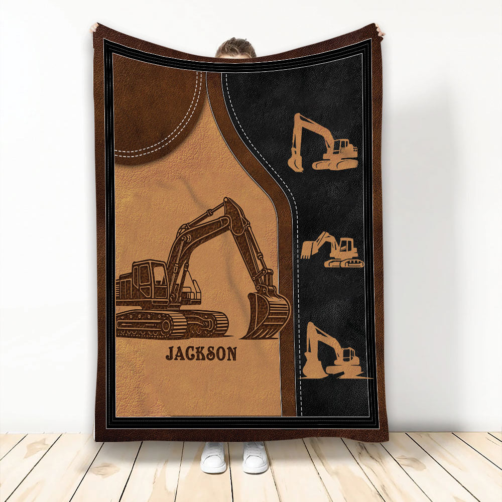 Excavator throw blanket with large construction vehicle artwork and smaller excavator silhouettes