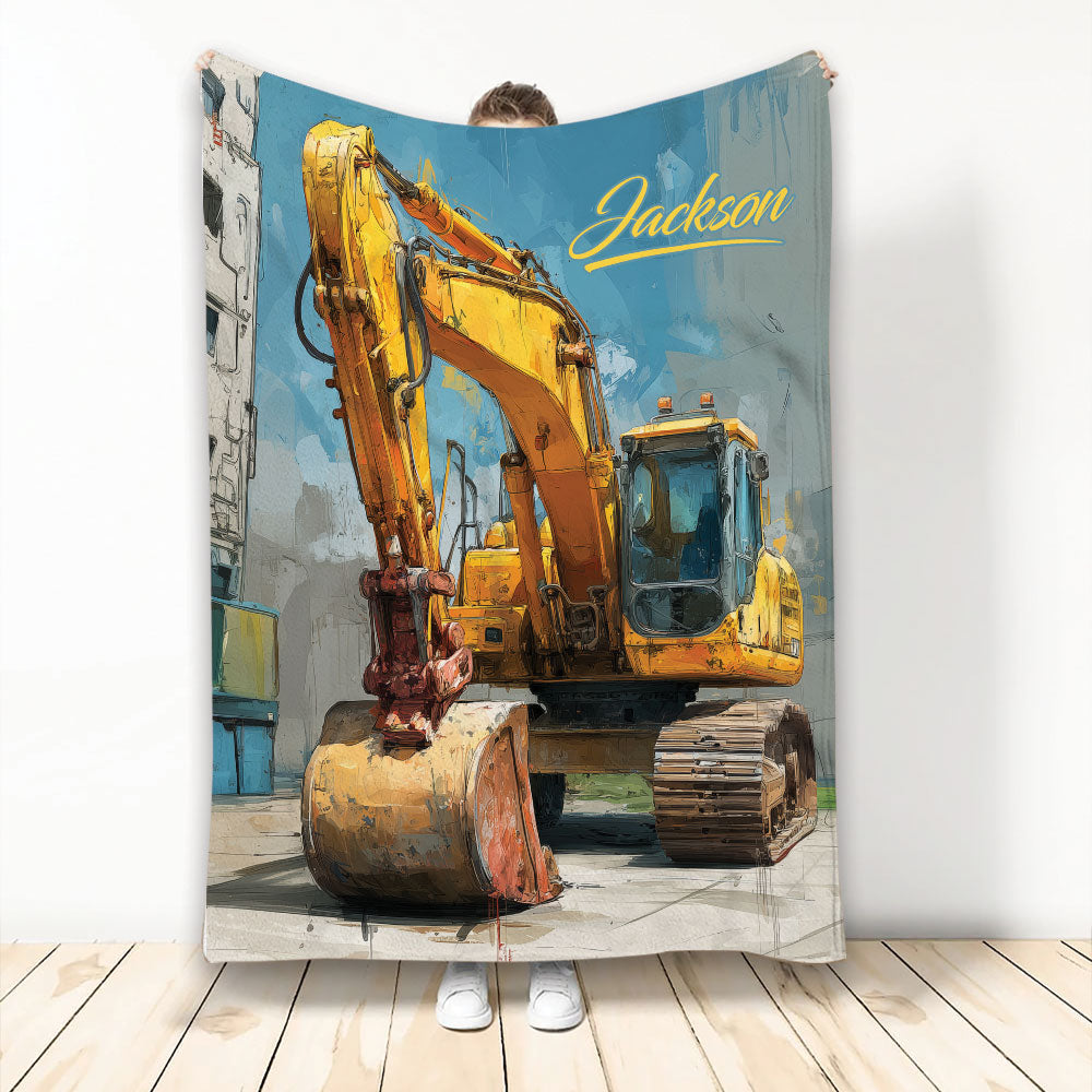 Custom excavator throw blanket featuring a large yellow construction machine in an illustrated industrial scene