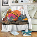 Excavator throw blanket displayed on a sofa with colorful construction vehicle artwork