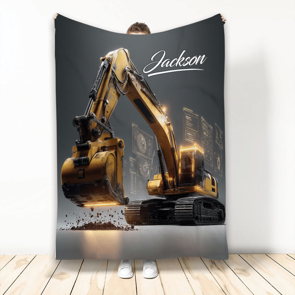 Custom excavator blanket featuring a detailed yellow construction machine on a dark technical background