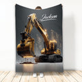 Custom excavator blanket featuring a detailed yellow construction machine on a dark technical background
