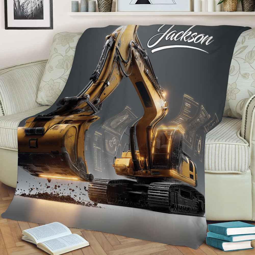 Large excavator blanket displayed on a couch with dramatic construction machinery artwork