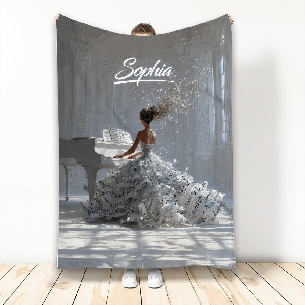 Piano throw blanket featuring an elegant pianist at a grand piano with flowing sheet music artwork