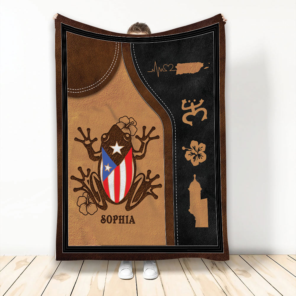Puerto Rico throw blanket with coqui frog artwork, island imagery, tropical flowers, and flag-inspired colors