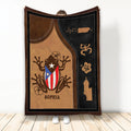 Puerto Rico throw blanket with coqui frog artwork, island imagery, tropical flowers, and flag-inspired colors