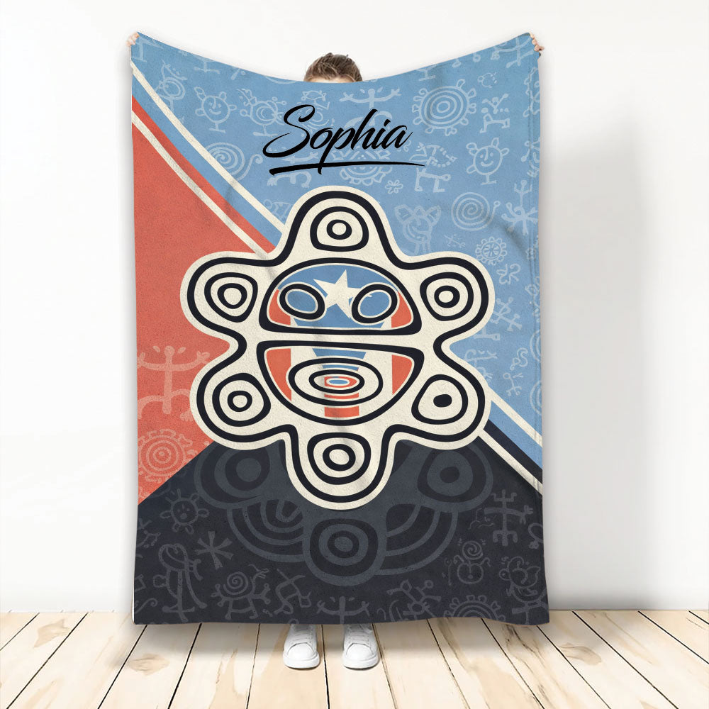 Puerto Rico themed blanket with bold red, white, and blue artwork and a stylized cultural sun motif