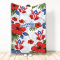 Puerto Rico throw blanket featuring flag-inspired frogs, red hibiscus flowers, tropical leaves, and custom artwork