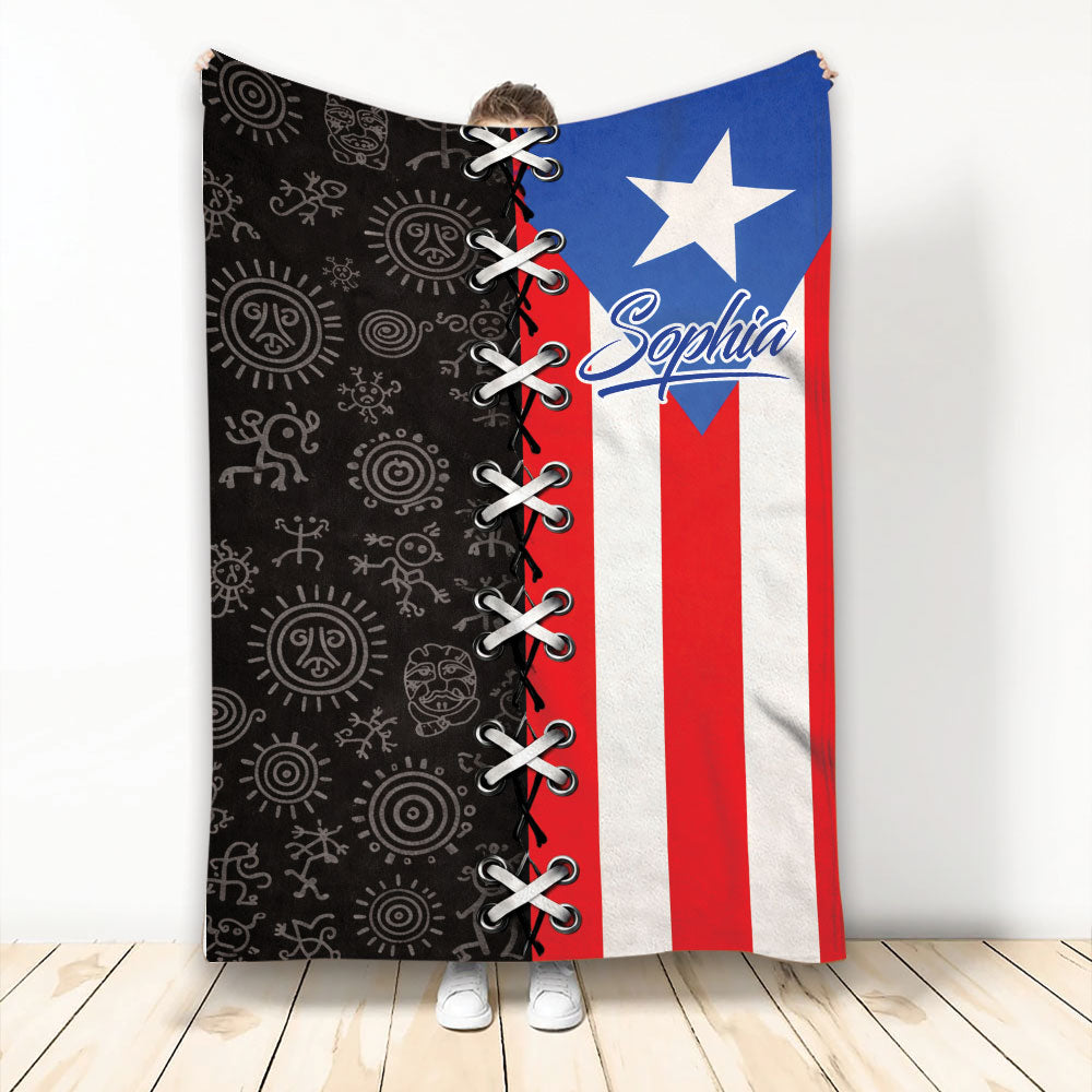 Puerto Rico flag throw blanket with heritage-inspired symbols and a custom display on a standing model