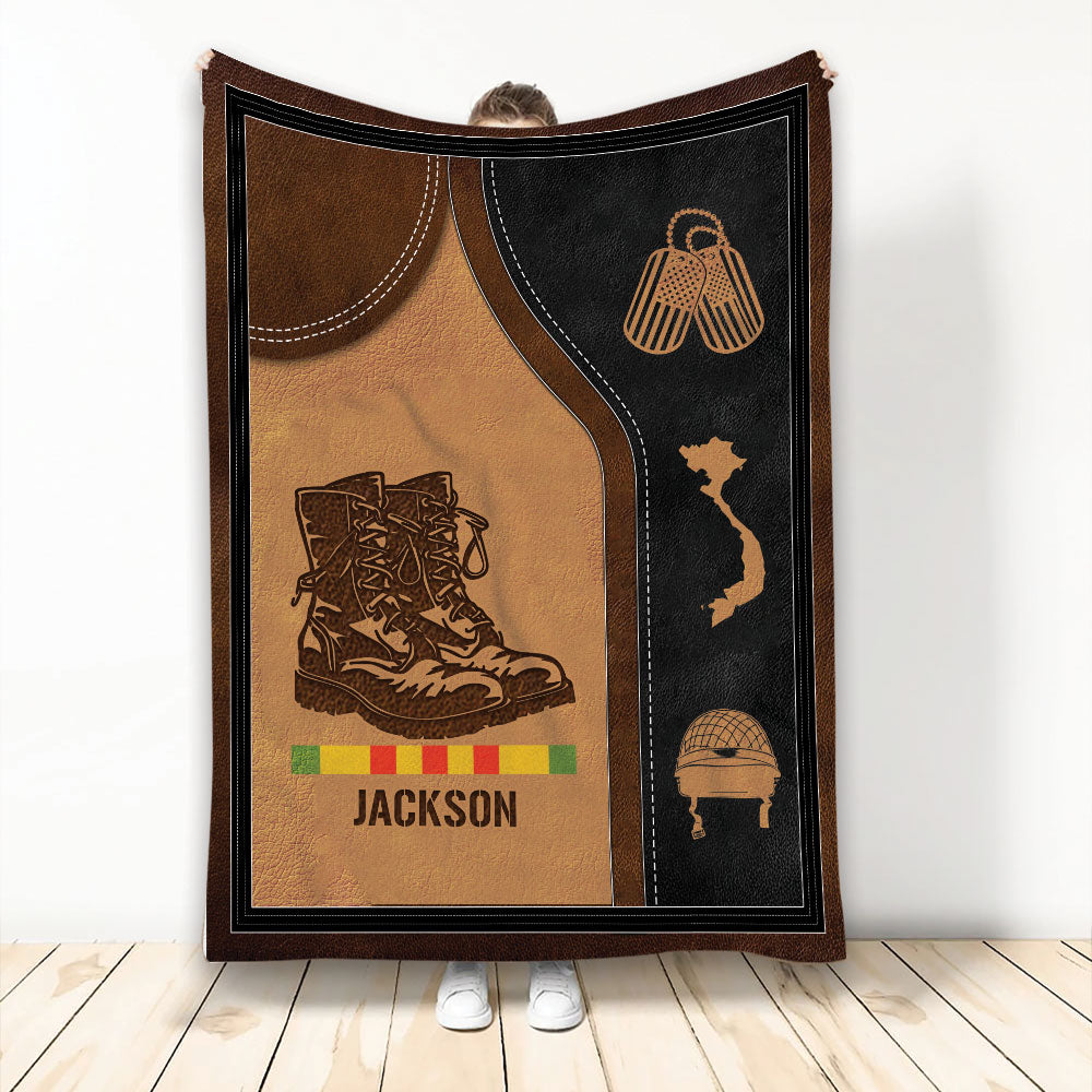Vietnam Veteran throw blanket with combat boots, helmet, Vietnam map, medal colors, and military tribute artwork