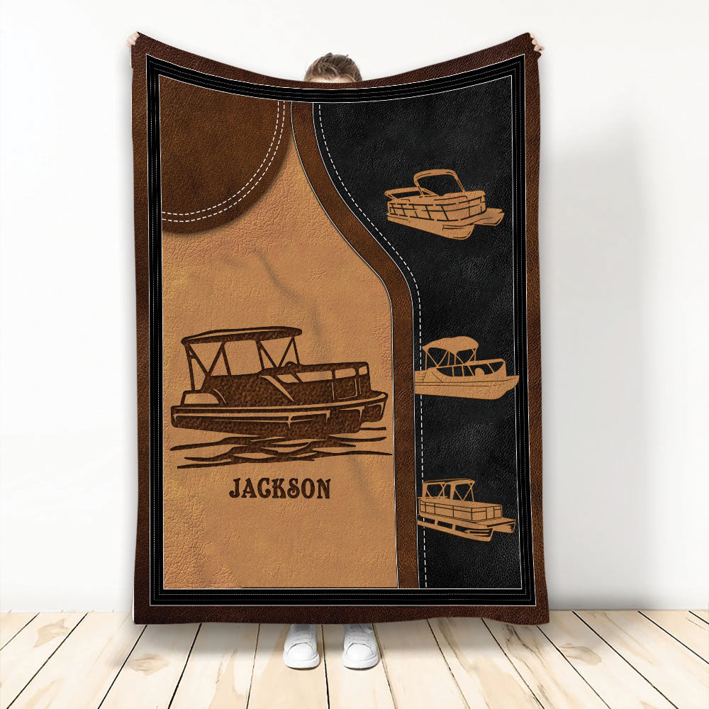 Custom pontoon boat throw blanket with vintage leather-look artwork in brown and black