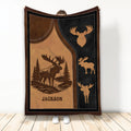 Rustic moose throw blanket displayed upright with forest scenery, pine trees, and warm brown wildlife artwork
