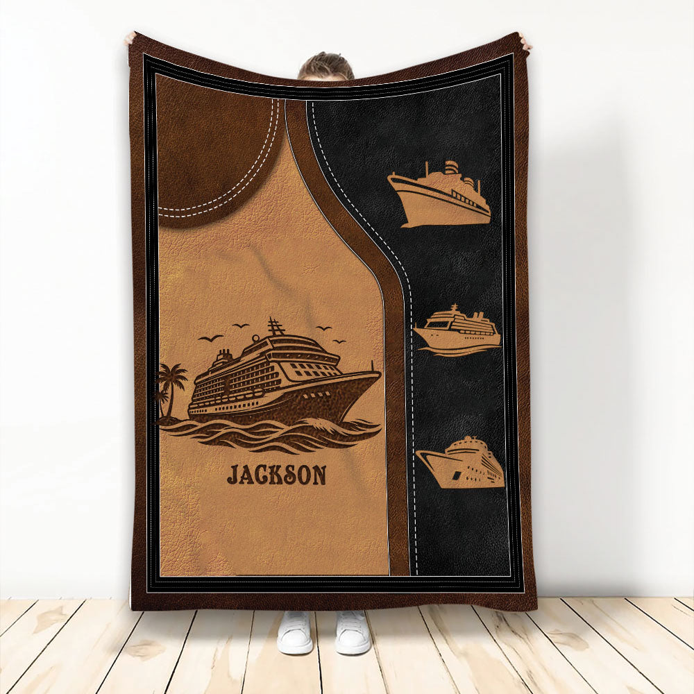 Cruise ship throw blanket with vintage nautical artwork, ocean waves, palm trees, and ship silhouettes