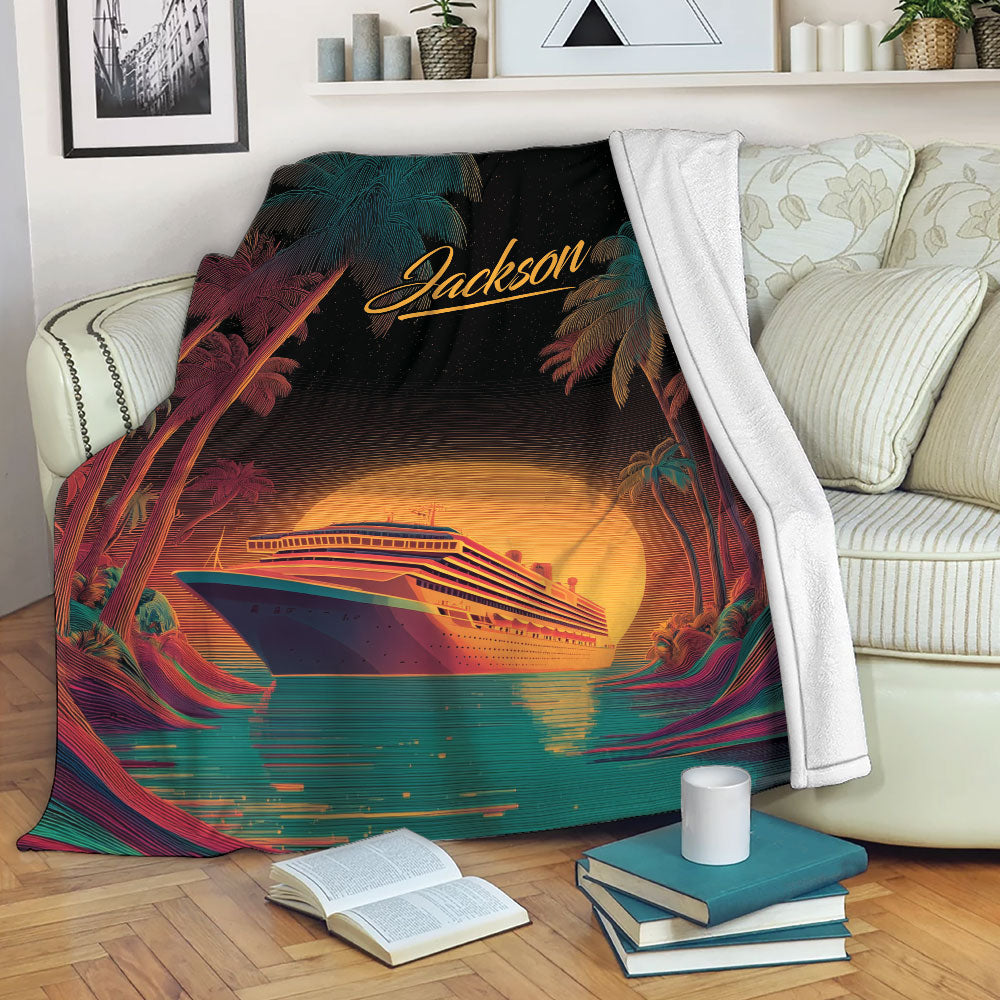 Cruise ship blanket draped over a sofa with tropical sunset artwork and vibrant palm tree scenery