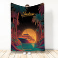 Cruise ship throw blanket with a tropical sunset, palm trees, colorful ocean, and retro-inspired artwork