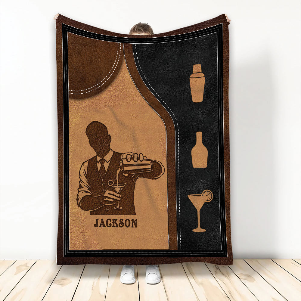 Bartender throw blanket with vintage cocktail shaker, bottles, martini glass, and warm brown bar artwork