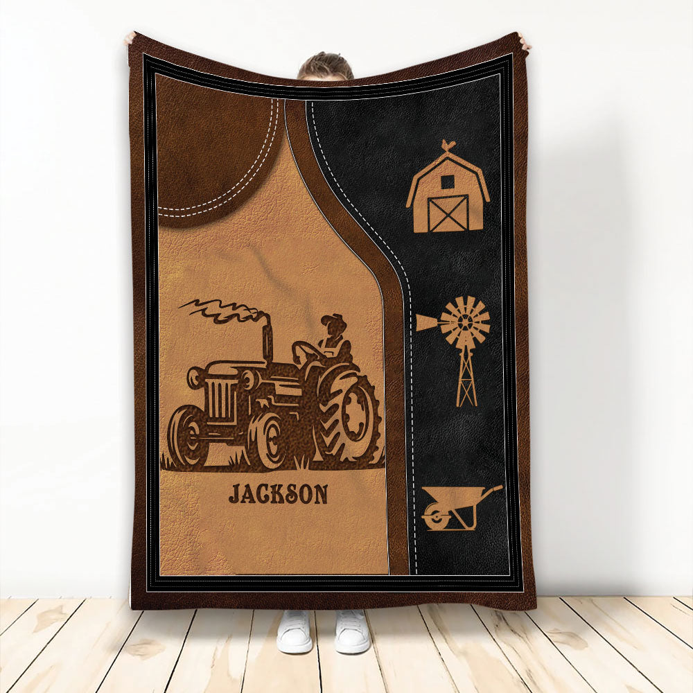 Custom farmer throw blanket with tractor artwork, barn, windmill, and rustic farm symbols