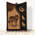 Wolf throw blanket with rustic brown and black artwork, moonlit wolf emblem, and full-body wolf illustration