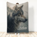 Wolf throw blanket featuring a realistic forest wolf portrait in moody gray and charcoal tones