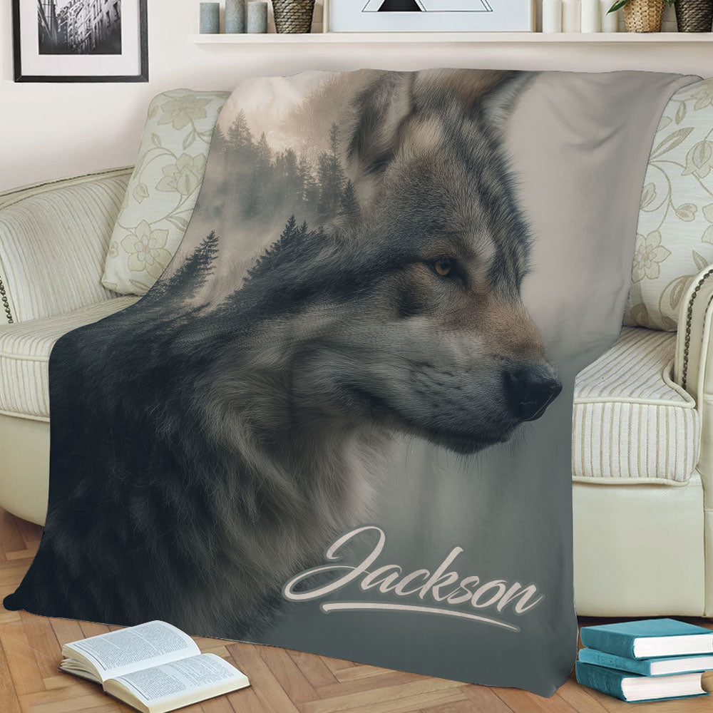 Close view of a wolf blanket displayed on a sofa with a realistic forest-inspired wildlife design