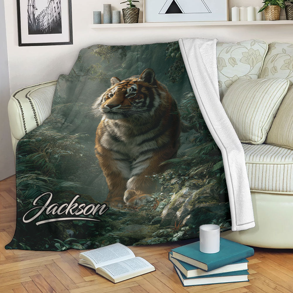 Tiger blanket displayed on a sofa with lush jungle artwork, creating a dramatic wildlife lounge setting