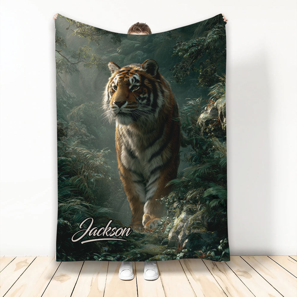 Tiger throw blanket featuring a realistic jungle scene and powerful tiger artwork in deep green tones