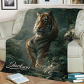 Tiger throw blanket styled across a sofa with detailed tiger artwork and a dark forest backdrop