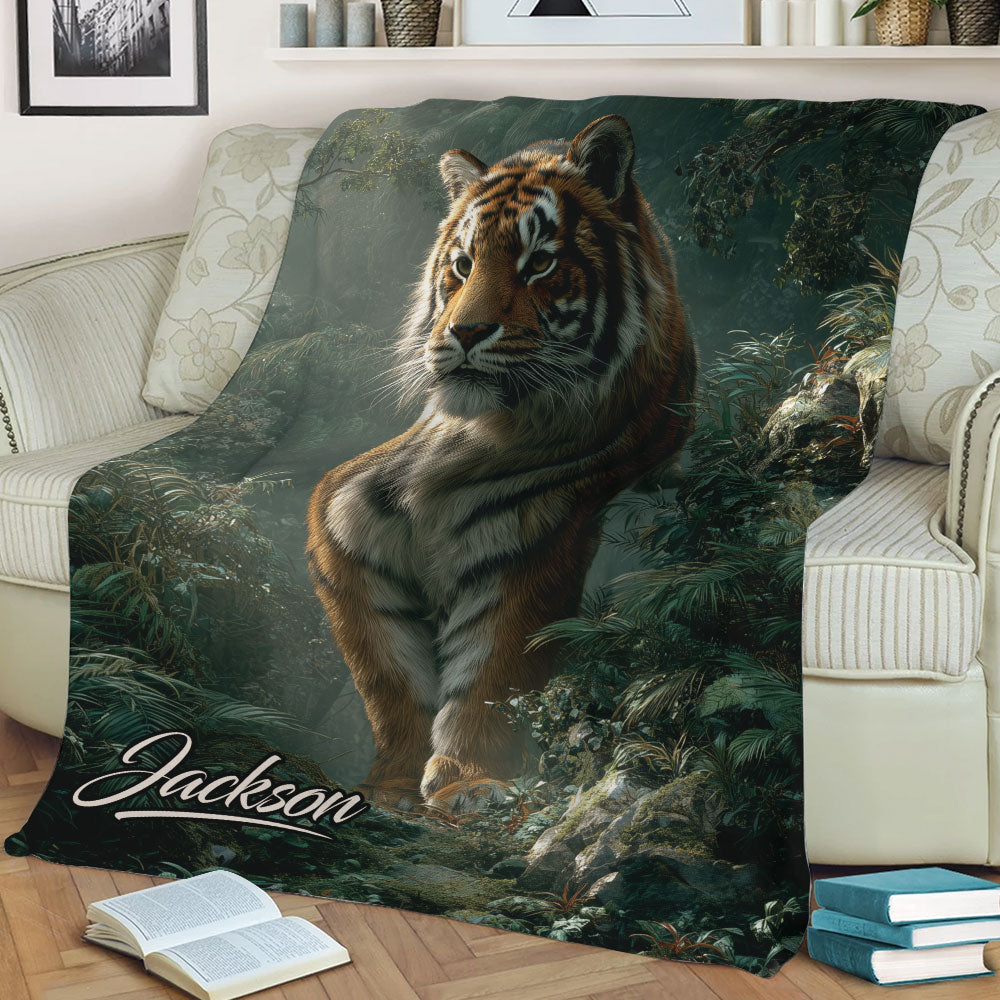 Tiger throw blanket styled across a sofa with detailed tiger artwork and a dark forest backdrop