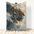 Tiger throw blanket displayed upright with forest, clouds, and dramatic wildlife artwork