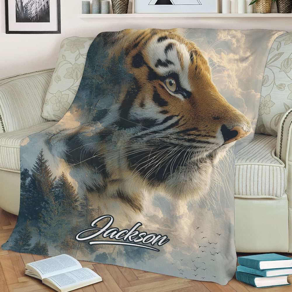 Close view of tiger wildlife artwork on a throw blanket styled across a sofa