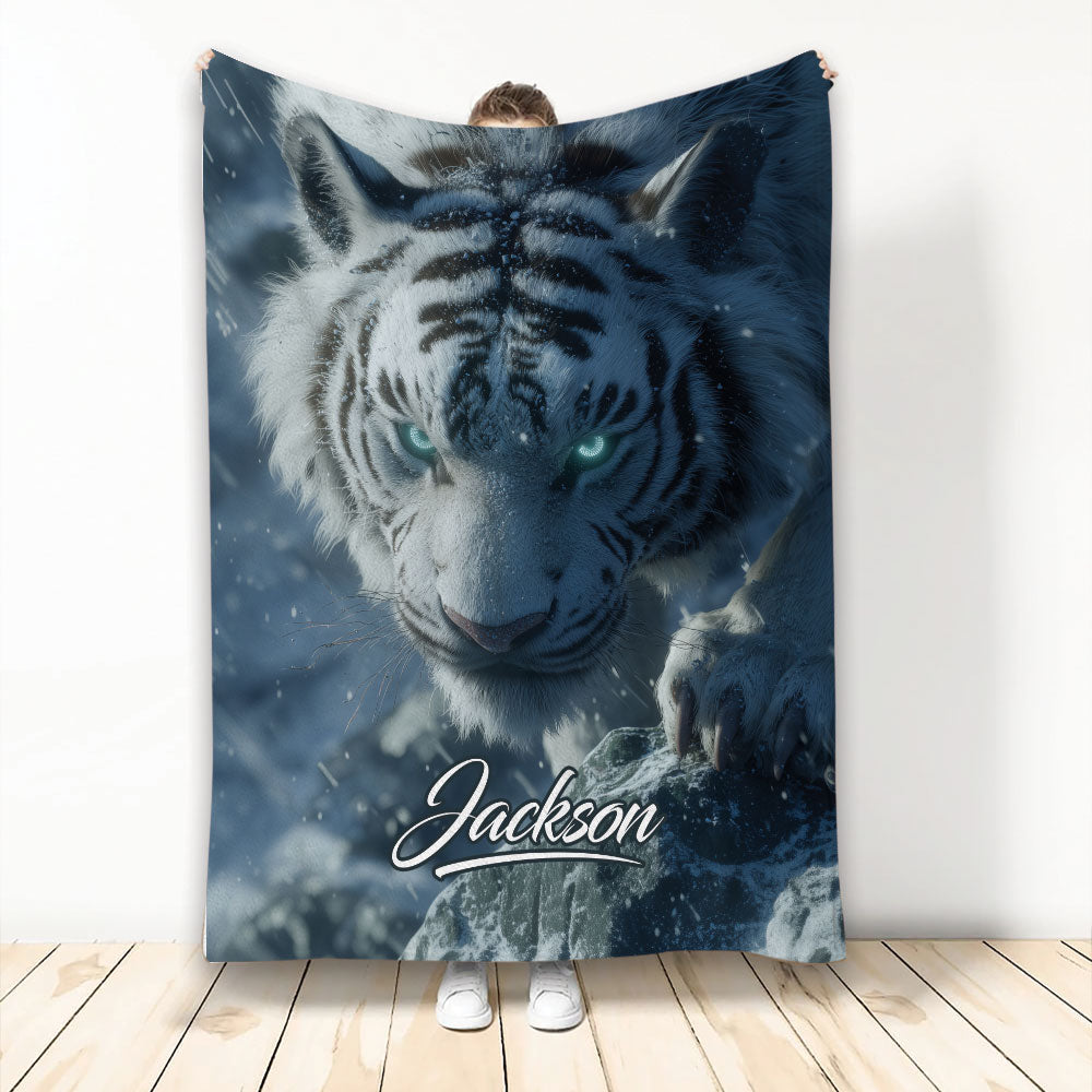 Custom tiger blanket featuring a blue-toned tiger face, glowing eyes, snow, and icy wildlife artwork