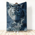 Custom tiger blanket featuring a blue-toned tiger face, glowing eyes, snow, and icy wildlife artwork