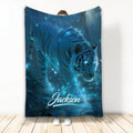 Blue tiger throw blanket featuring a glowing tiger in a moonlit forest with luminous butterflies