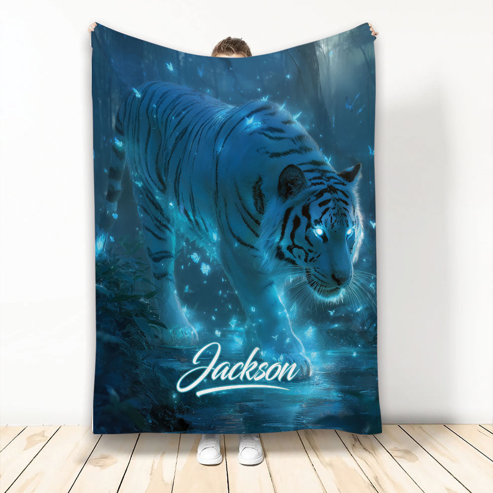 Blue tiger throw blanket featuring a glowing tiger in a moonlit forest with luminous butterflies