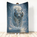 Tiger throw blanket with a powerful tiger surrounded by blue lightning artwork