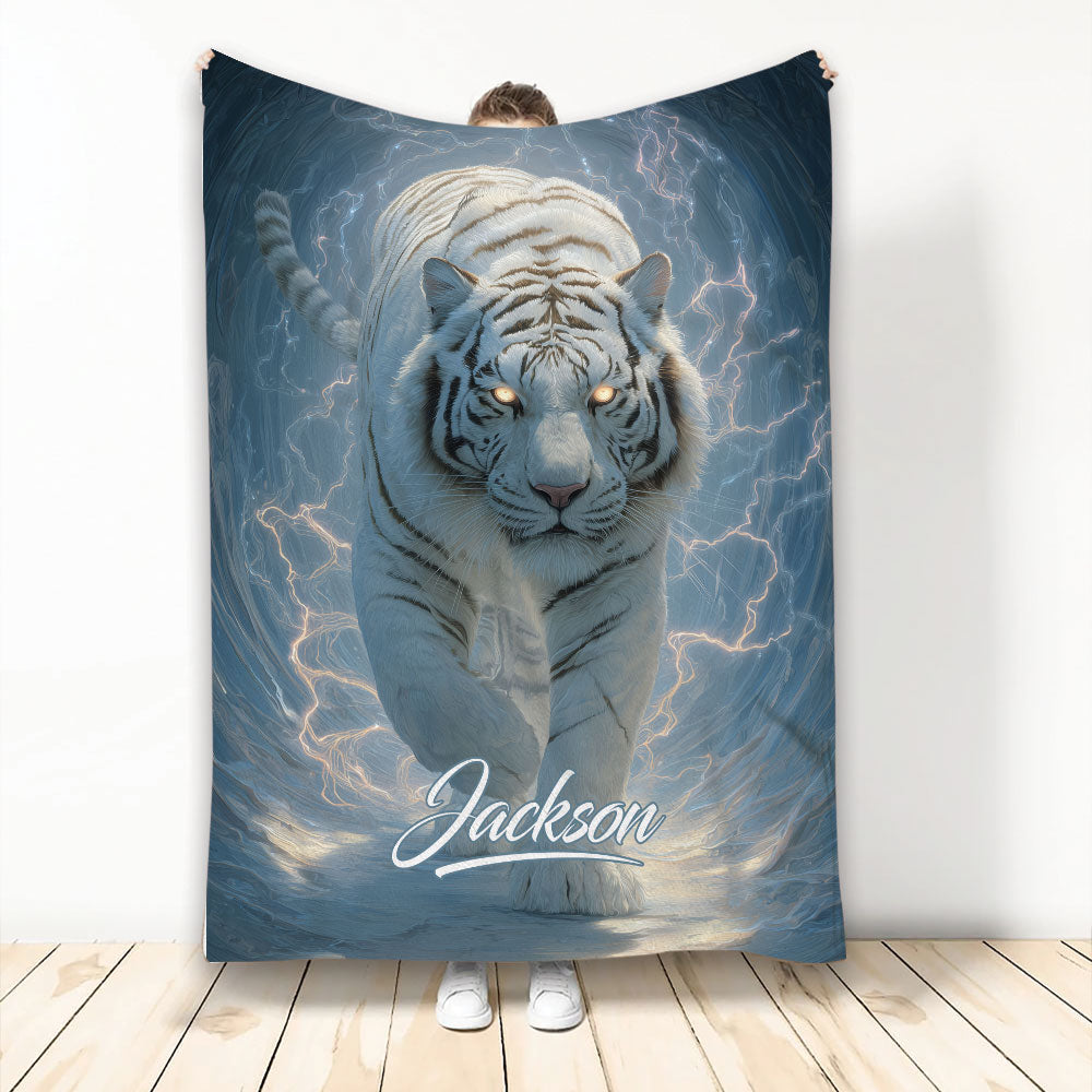 Tiger throw blanket with a powerful tiger surrounded by blue lightning artwork