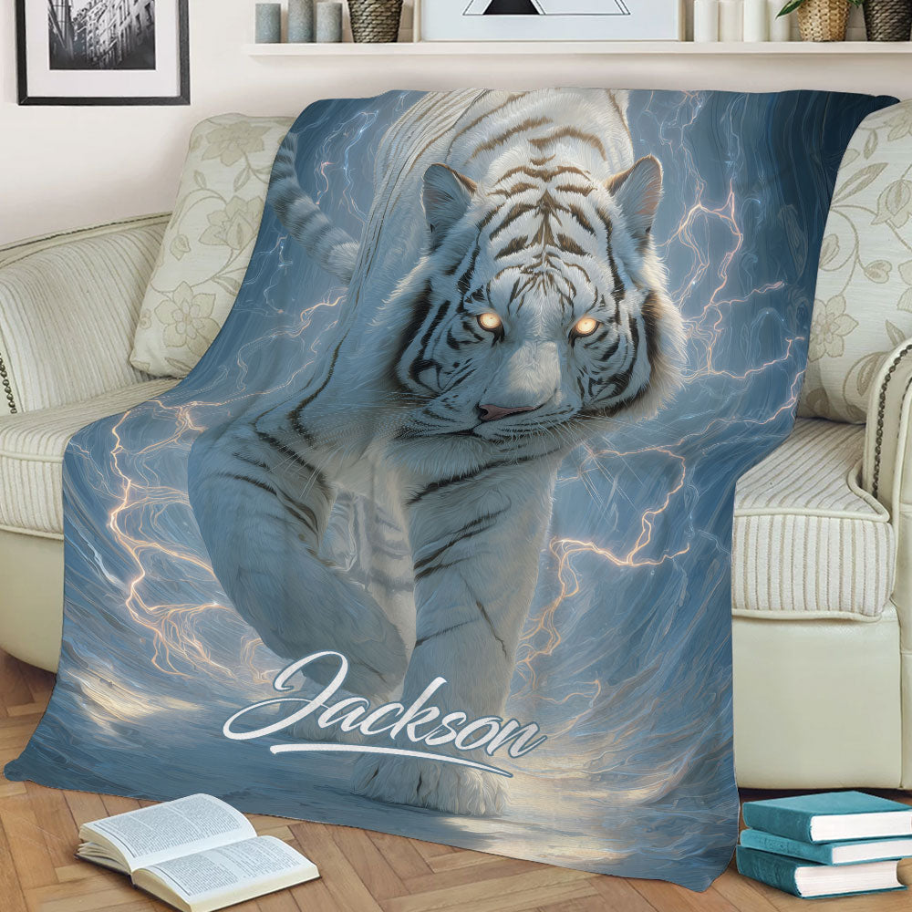 Tiger blanket draped across a sofa, featuring a close-up tiger and lightning design