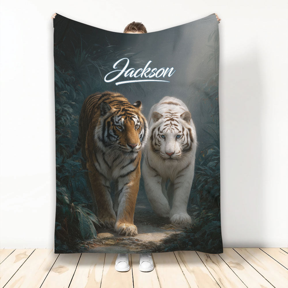 Tiger throw blanket featuring orange and white tigers walking through a dark jungle scene