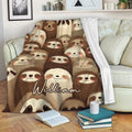 Custom sloth throw blanket draped over a sofa with a cozy woodland animal pattern