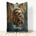 Sloth blanket featuring a sleepy sloth resting among brown and green leaves in a woodland scene
