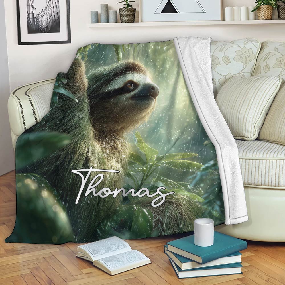 Sloth throw blanket draped over a sofa, featuring rainforest artwork with a peaceful sloth and tropical foliage