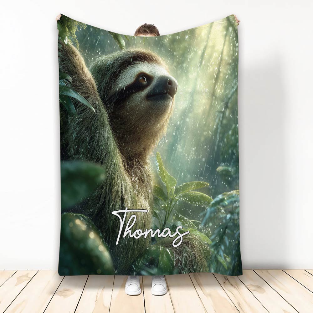 Sloth throw blanket featuring a close-up rainforest sloth surrounded by lush green leaves and soft sunlight