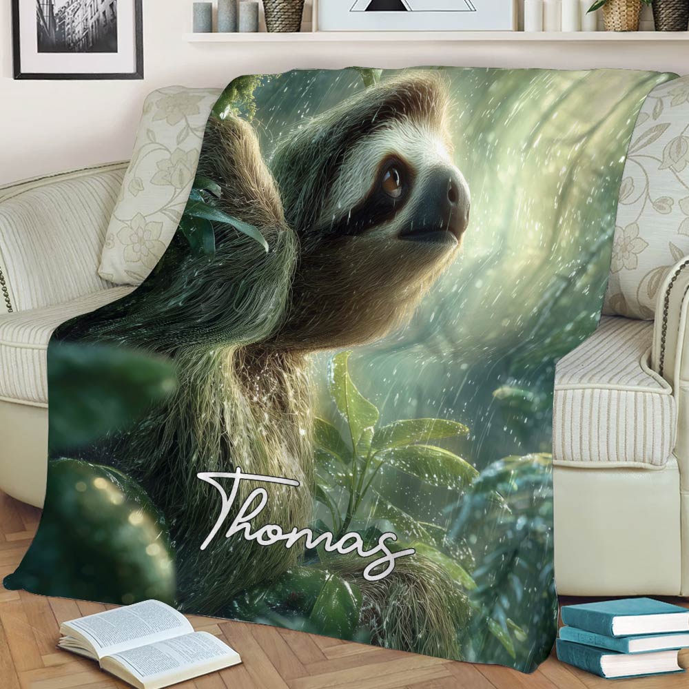 Sloth throw blanket displayed on a chair with detailed rainforest sloth artwork and a tranquil green nature theme