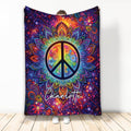 Colorful hippie blanket with a floral peace sign, psychedelic mandala, paisley details, and vibrant cosmic artwork