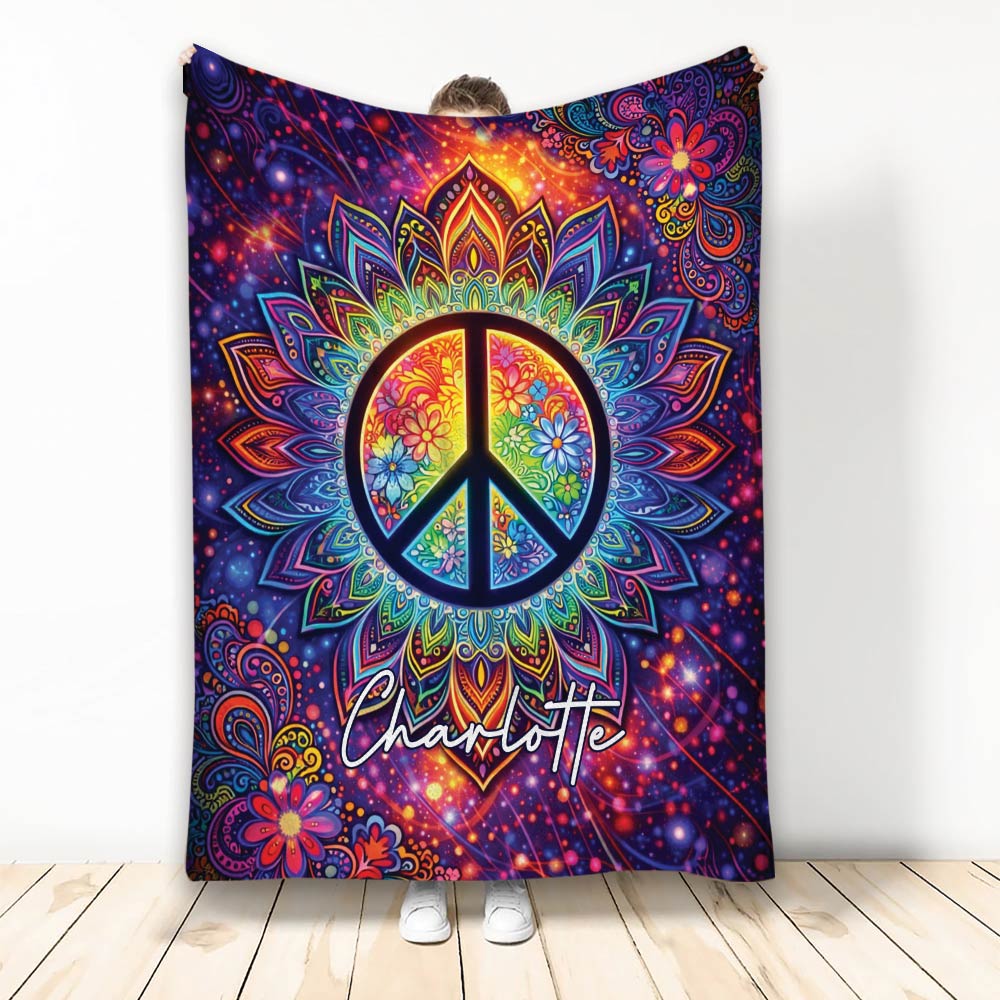 Colorful hippie blanket with a floral peace sign, psychedelic mandala, paisley details, and vibrant cosmic artwork