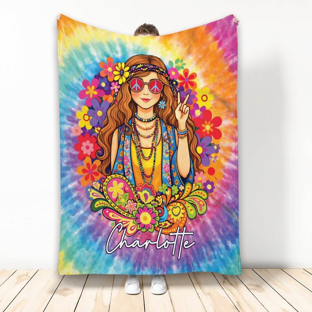 Hippie throw blanket with colorful tie-dye artwork, floral details, peace symbols, and bohemian woman illustration