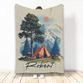 Camping blanket with vintage mountain landscape, red tent, pine trees, camp chair and warm outdoor artwork