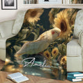 Cockatiel blanket styled on a couch with a serene bird, sunflowers, water, and lush greenery