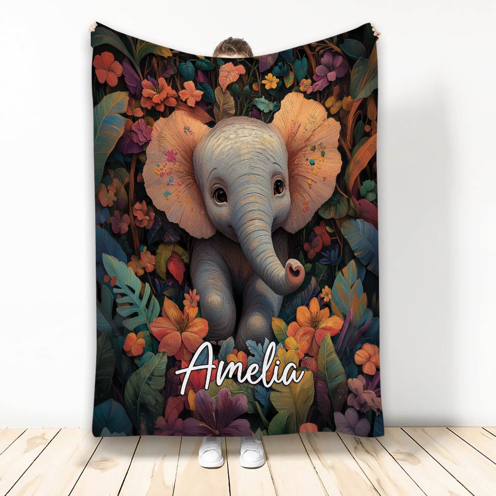 Elephant blanket with a colorful floral jungle design displayed in a bright room